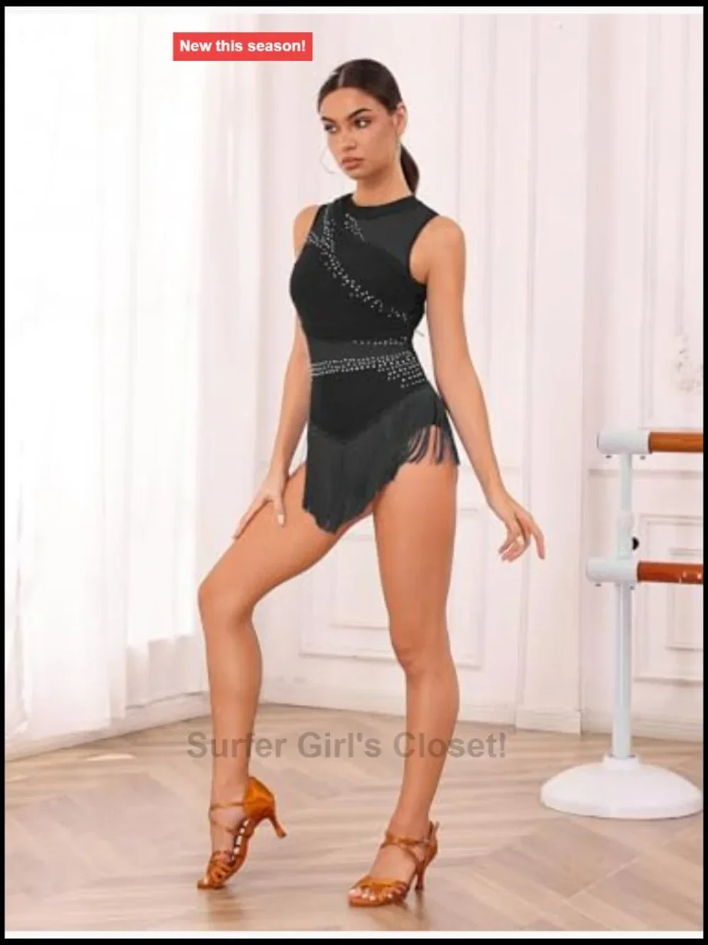 Women Rhinestone Fringe Halter Bodysuit Sleeveless Leotard Fitted
